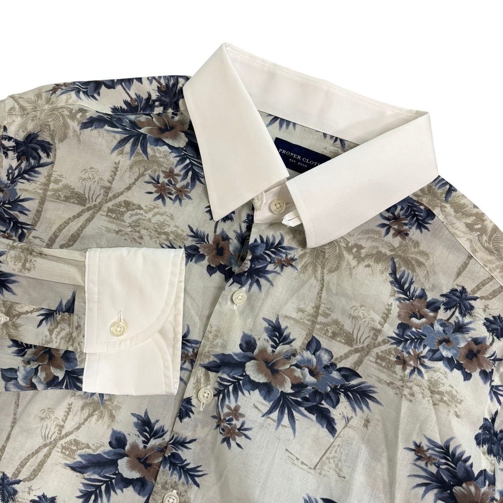 PROPER CLOTH‎ Floral Shirt Mens L Blue Beige Cotton Palm Print Button Up Long